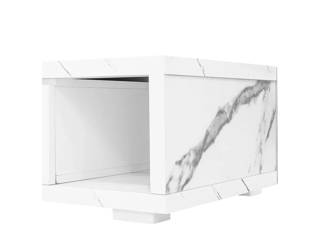 Meuble TV à longueur réglable (140-179,5 cm) - 3 portes abattantes - effet marbre - Blanc & Noir