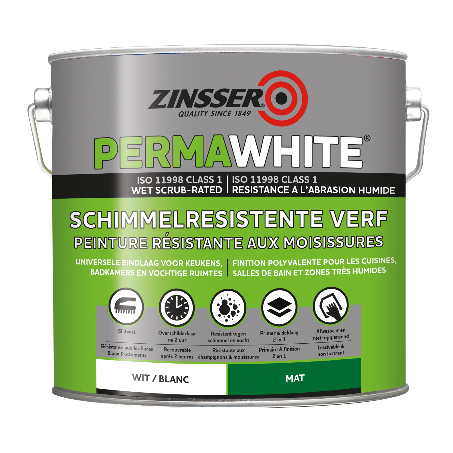 Zinsser Permawhite mat - Badkamermuurverf - wit - 1L