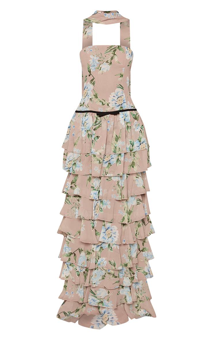 Taupe Robe Longue À Volants Étagés Et Bandeau En Mousseline À Imprimé Fleuri