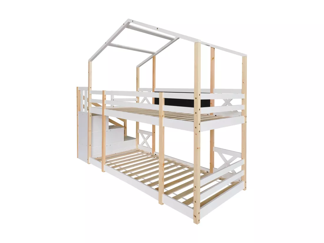 Lits superposés 2 x 90 x 200 cm pour enfant - lit cabane - tiroirs + escalier - blanc + naturel