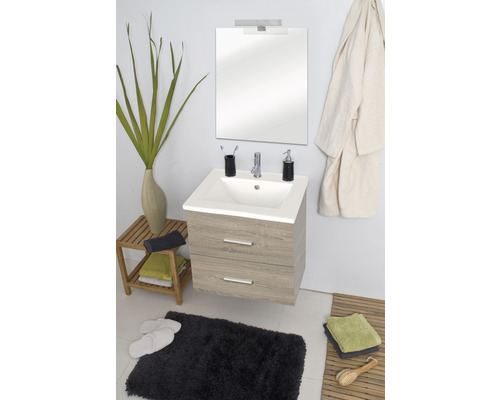 Badkamermeubelset Differnz Luka BxHxD 60 x 170 x 48 cm, frontkleur licht eiken, met witte keramische wastafel en wastafelspiegel met LED-verlichting, wastafelmeubel