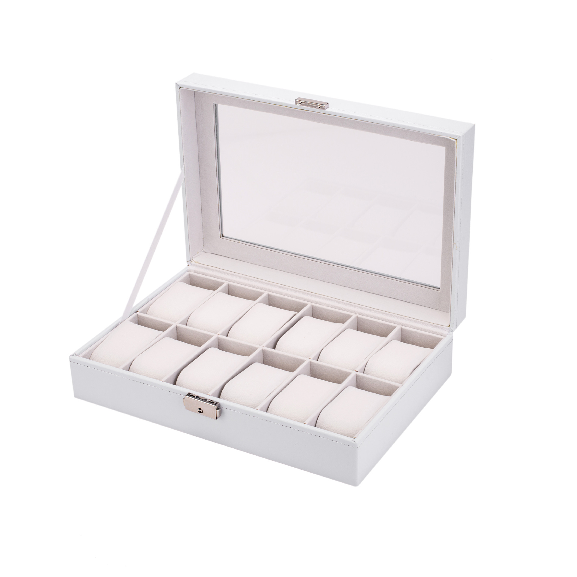 (12 Slots) Uhrenbox Schmuckschatulle Organizer mit Glasdeckel - Weiss