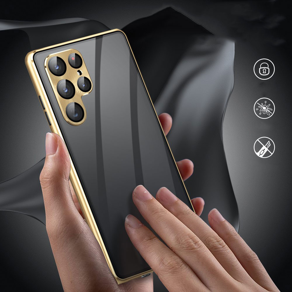 Samsung Galaxy S24 Ultra Magnetische Alu Schutzhülle mit Panzer Glas Backcover   Privacy Display- / Kameraglasschutz (Verschlussmechanismus) - Silber
