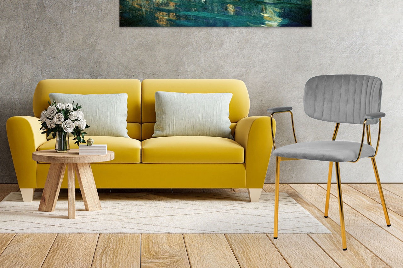 Kayoom Polsterstuhl »Stuhl Giselle 225 2er-Set, Gestell aus Edelstahl« (Set) 2 Stk.mit Armlehnen, goldenes Gestell aus Edelstahl, Samtbezug, Ziernähte