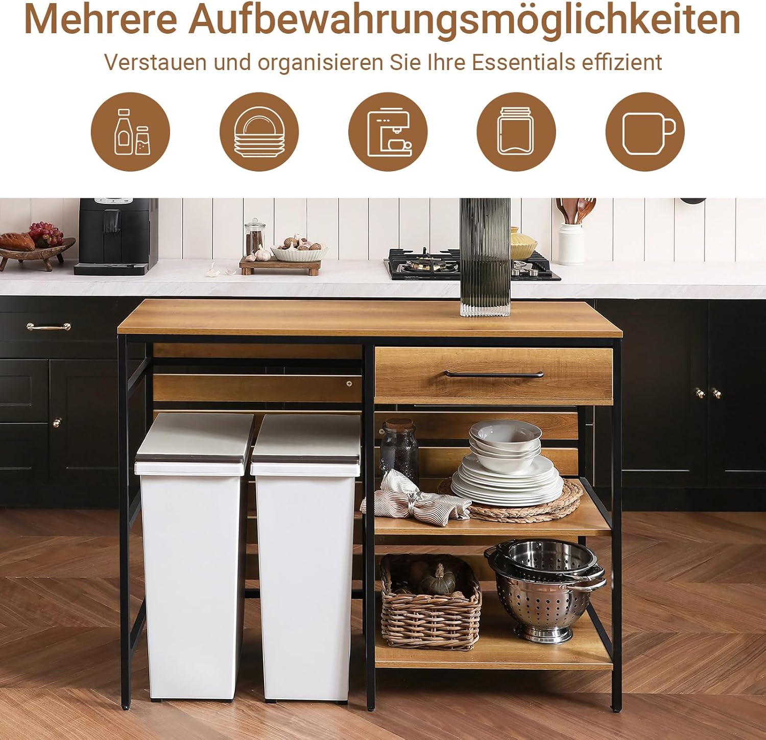 SoBuy Küchenwagen mit Arbeitsplatte, Kücheninsel freistehend, Servierwagen mit Rollen und Schublade, Küchenschrank mit offenen Ablagen, Vintage, BHT ca. 120x90x45cm, FSB71-PF