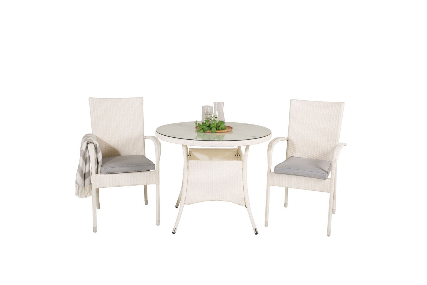 Volta tuinset: tafel Ø90cm en 2 stoelen, Anna, wit. 90 x 90 x 74 cm