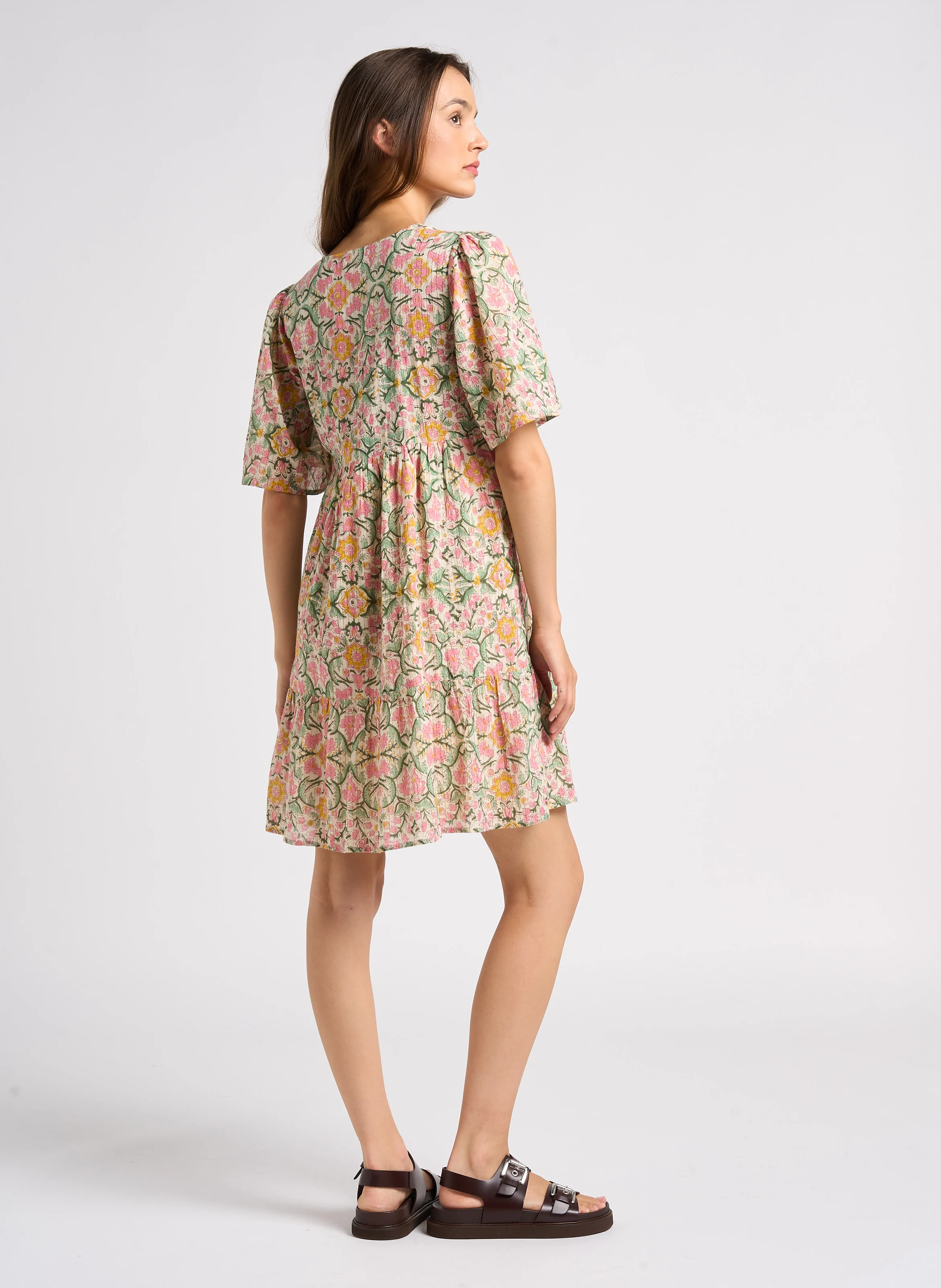 MELIE - Robe courte col V en coton | Rose