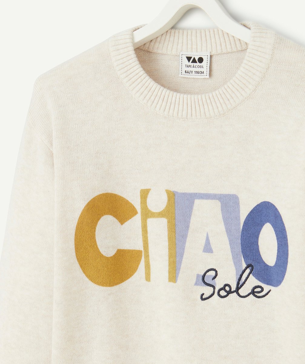pull manches longues garçon en coton bio écru thème ciao