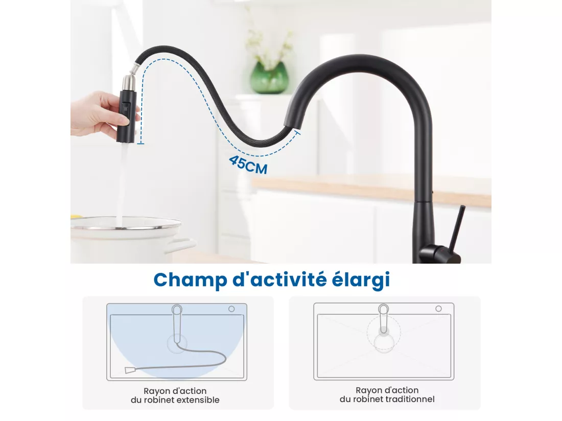 2PCS AURALUMMAX Mitigeur Cuisine,Robinet d'Évier Inox avec Douchette Extractible,2 Modes Jets Eau Froide/Chaude Rotatif 360 degré,Bec en Forme U,Noir