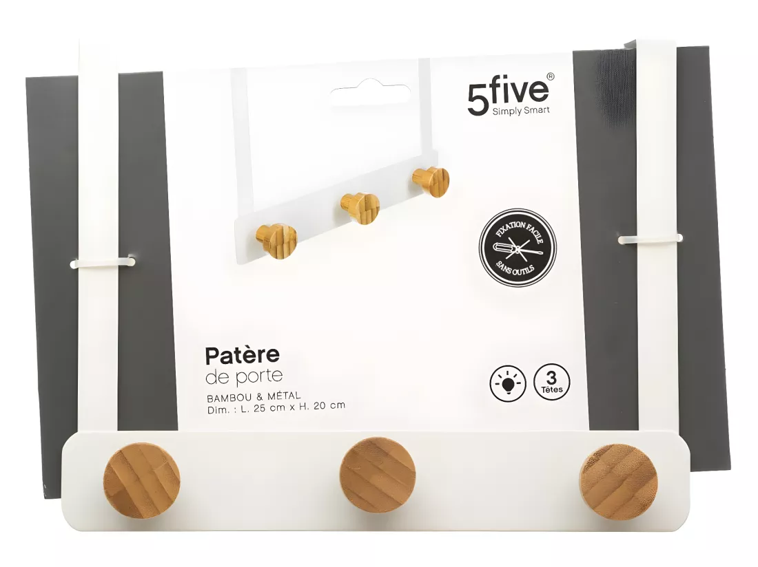 Patère de porte en Métal Blanc 3 Têtes en Bambou L 25 cm