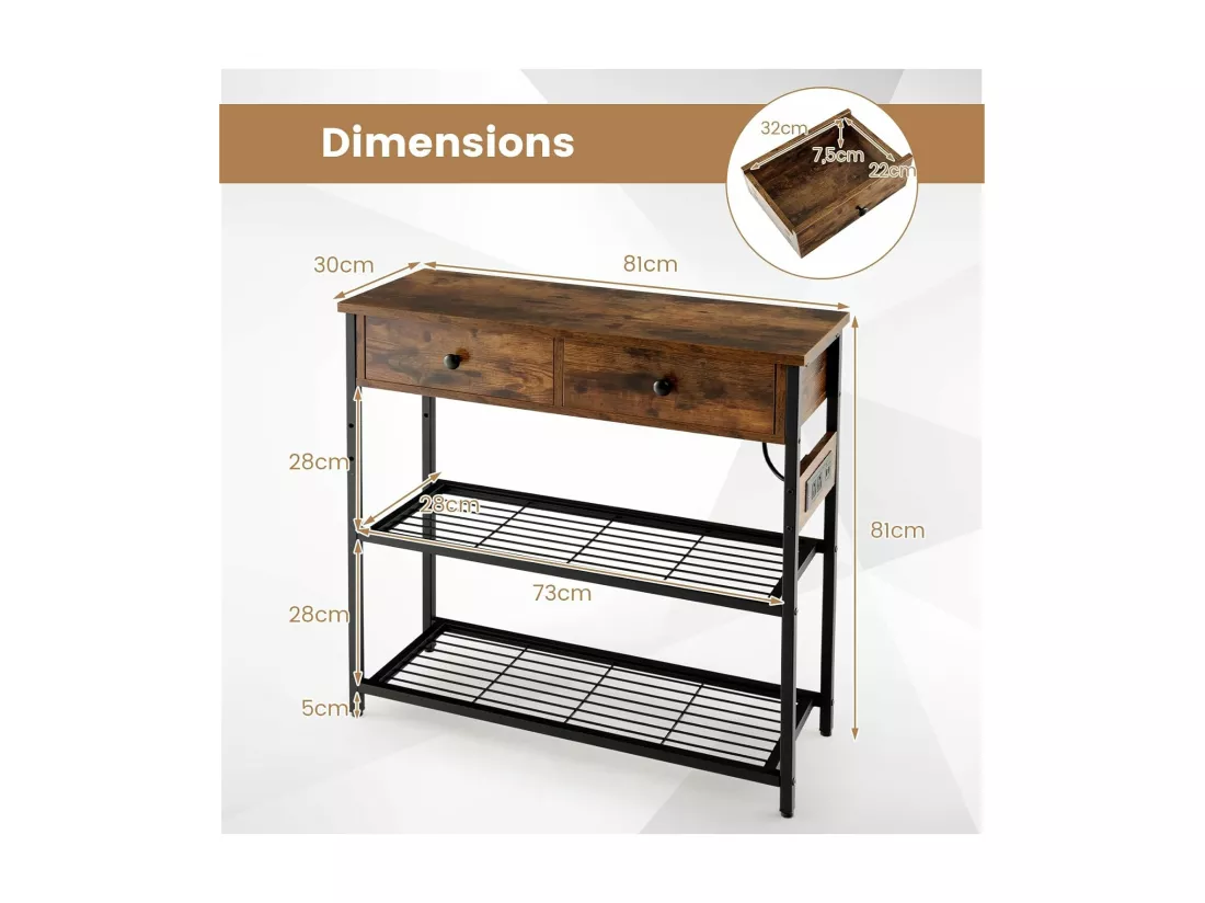 Table console 2 tiroir, console entrée 2 prises & 2 usb, marron rustique, 81 x 30 x 81 cm