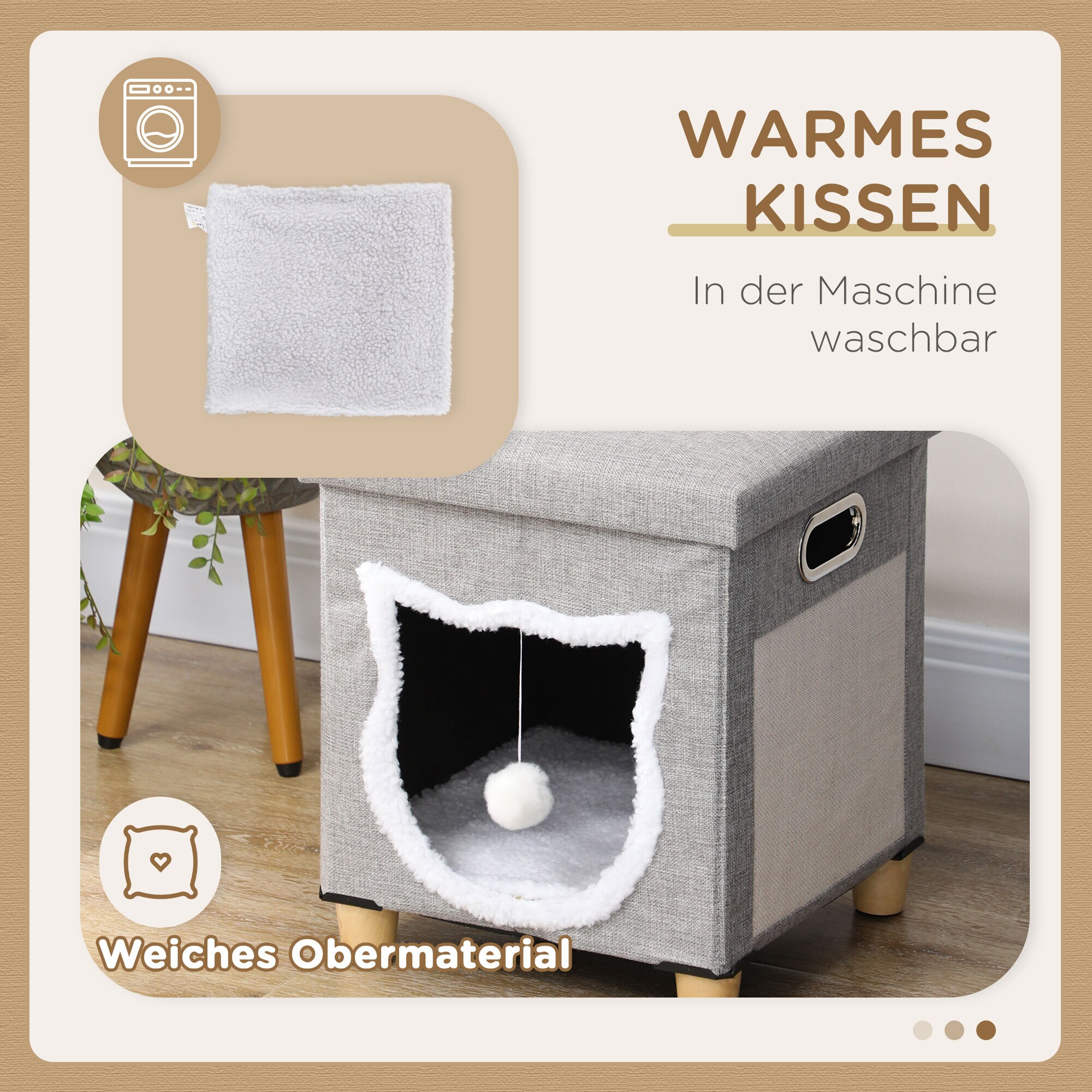 PawHut Katzenhaus mit Kissen und Spielball grau 35,5L x 35,5B x 42,5H cm