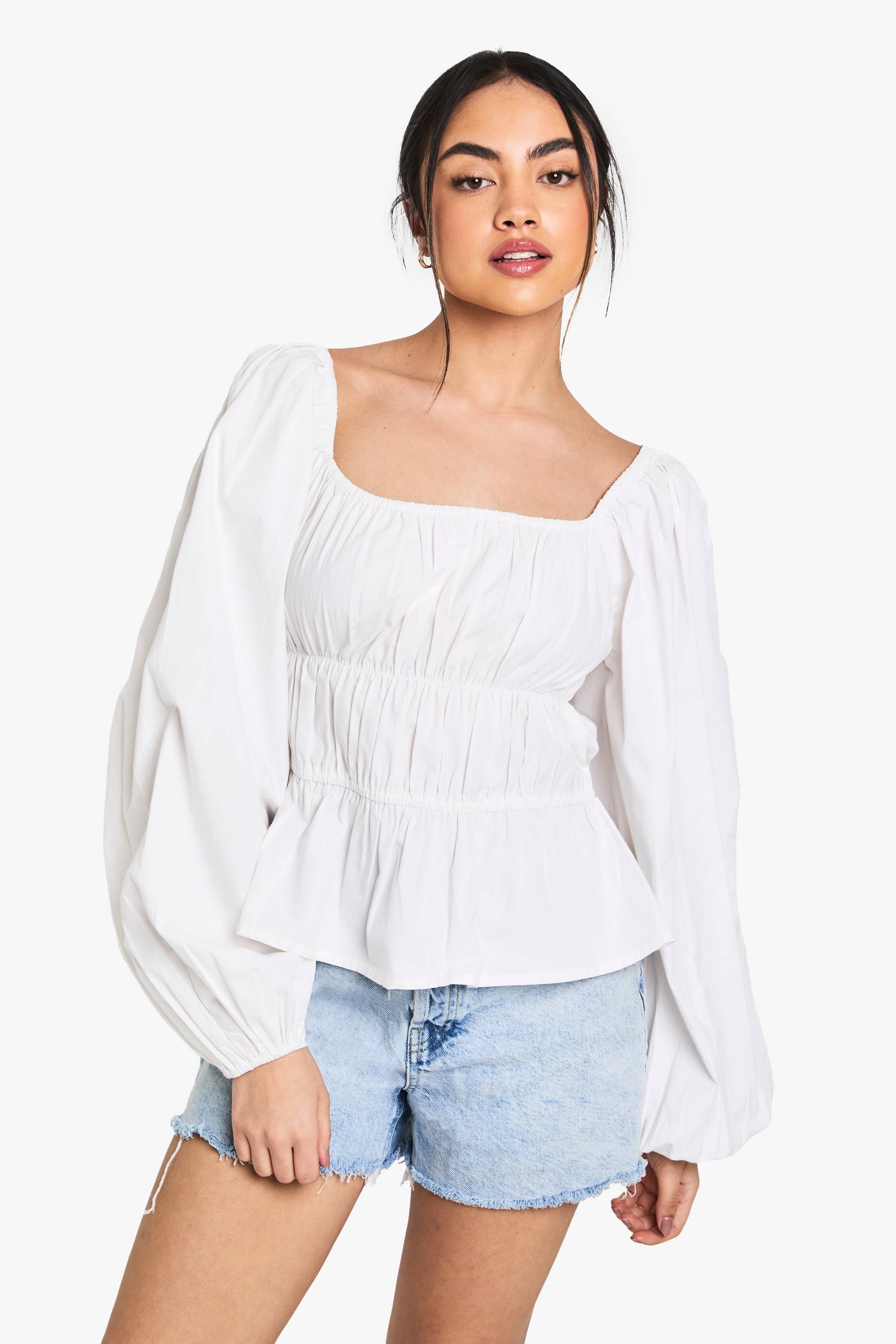 boohoo Blouse en popeline de coton froncée