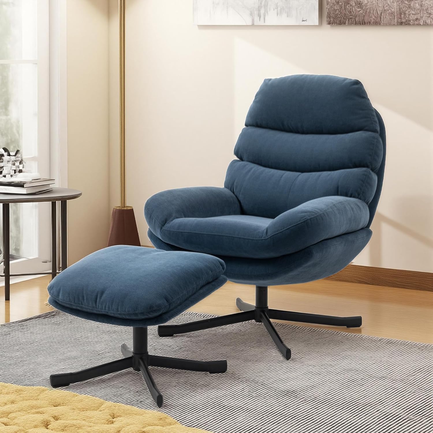 HOMCOM Relaxsessel mit Hocker Sessel Loungesessel mit Chenille-Optik breiter Sitzfläche Drehbar Polstersessel Armlehnensessel für Wohnzimmer, Schlafzimmer, Blau