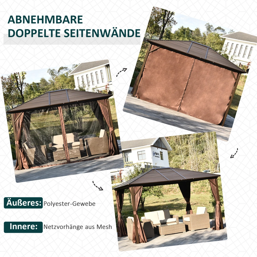 Outsunny Gartenpavillon mit Sonnenschutzvorhänge braun