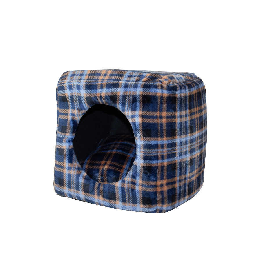 Cama em forma de cubo Ombala Relax com estampa xadrez azul em formato de gato.