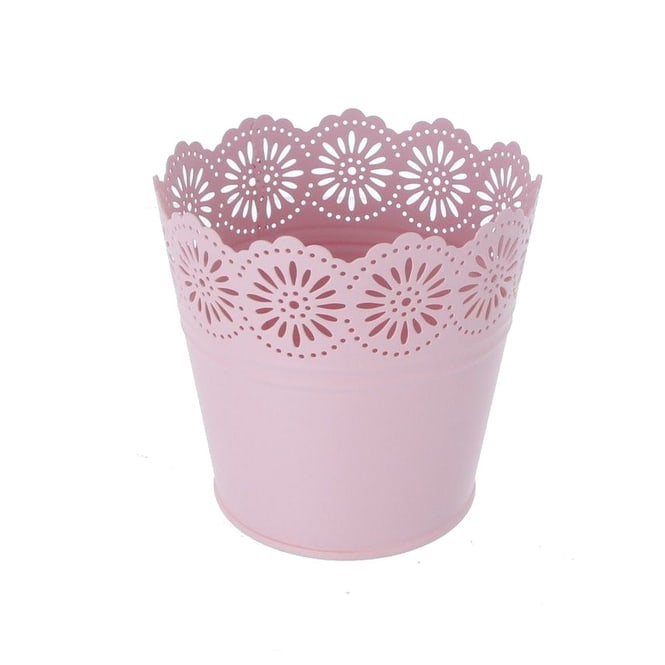 Pflanztopf mit Spitzenrand - rosa - aus Metall - ca. 14 x 12,5 cm