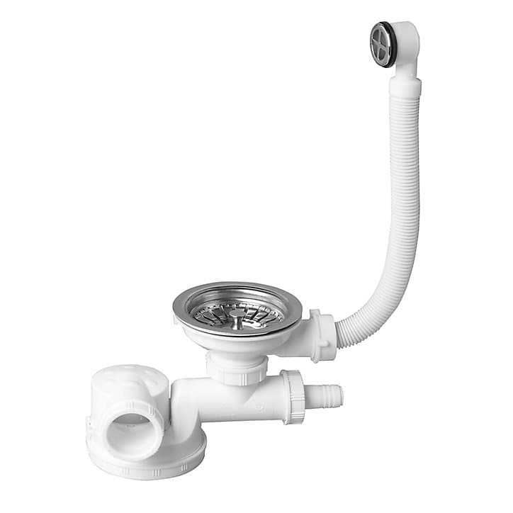 Siphon extra-plat réglable blanc 90mm avec bouchon et trop-plein Wirquin