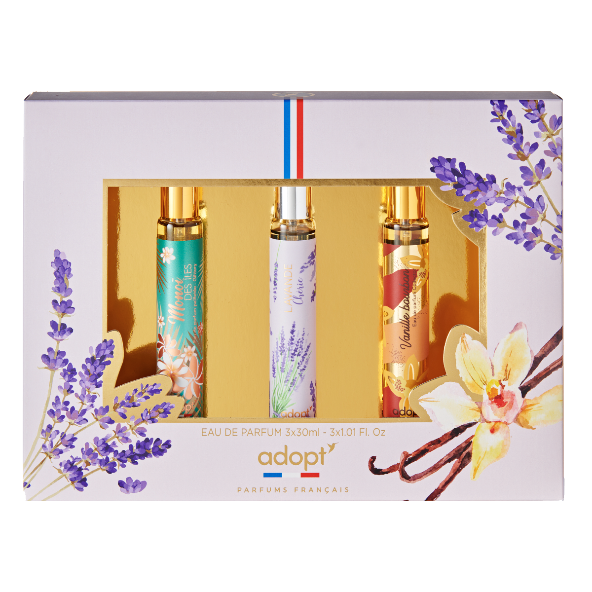 Trio Sensoriel - COFFRET 3 EAUX DE PARFUM VANILLE BOURBON 30ML + LAVANDE CHERI 30ML + MONOI DES ILES 30ML