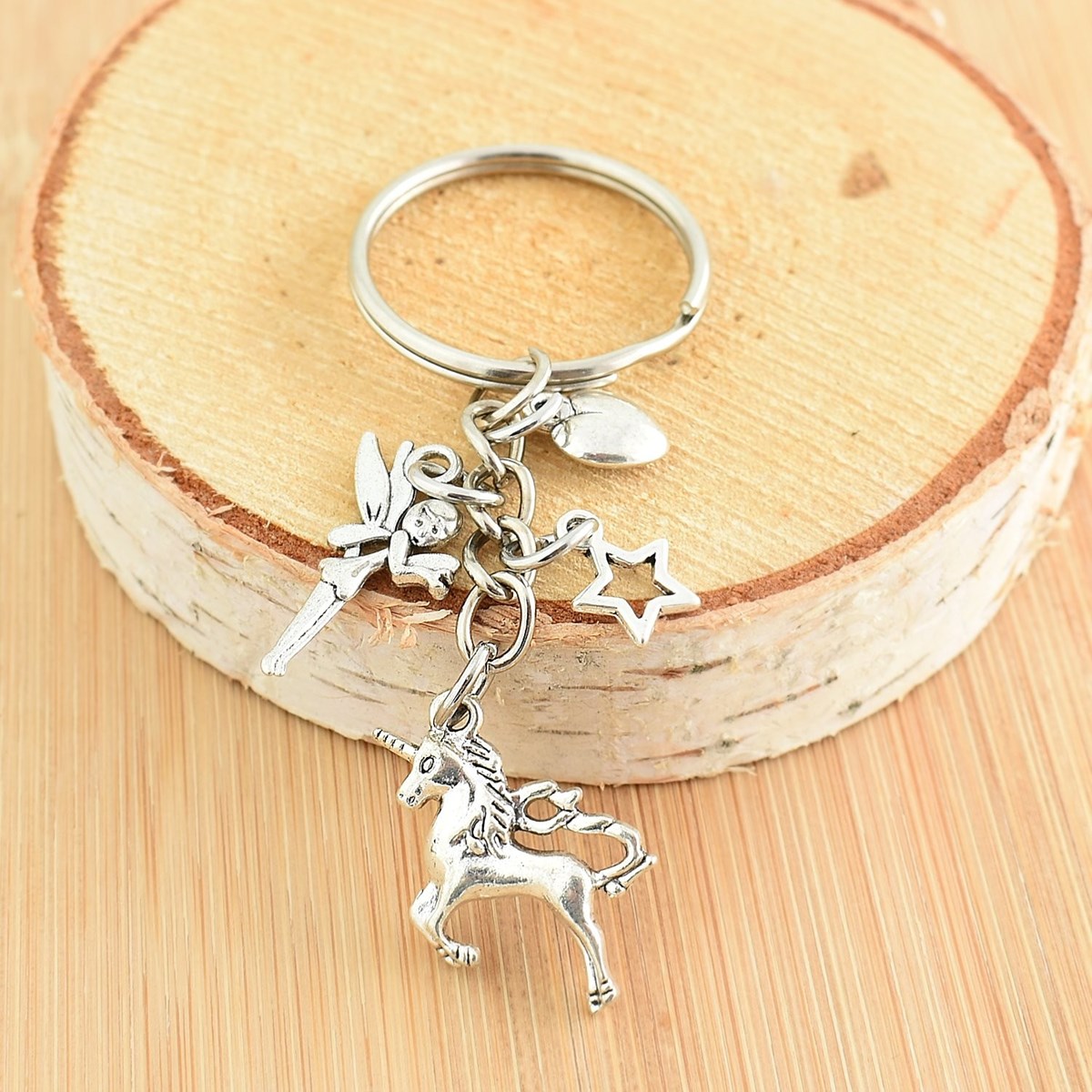 Porte-clés licorne étoile fée coeur argenté