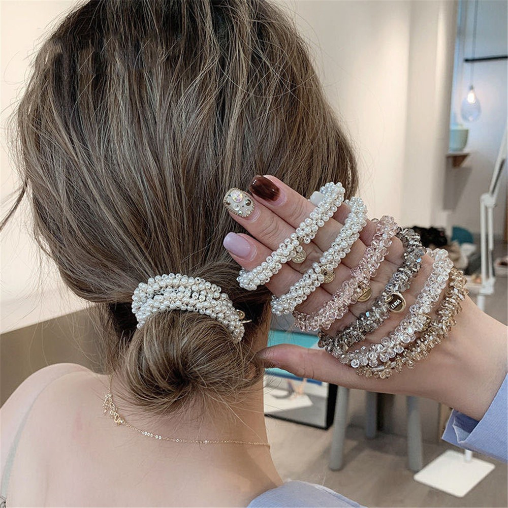 (Ø5cm) Scrunchies Elastischer Haargummi Haarschmuck Haarband Perlen - Silber / Gold