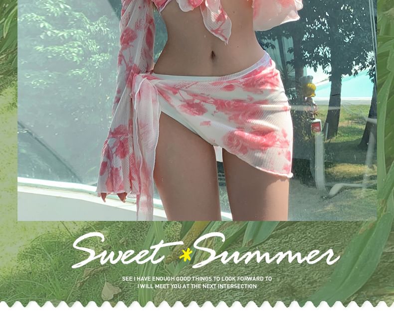 rongira - Set: Effen bikinitop + broekje + lange mouwen bloemenprint + rok