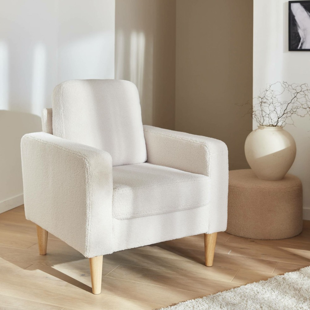 Fauteuil à bouclettes blanches. Scandinave - bjorn - canapé 1 place fixe droit pieds bois