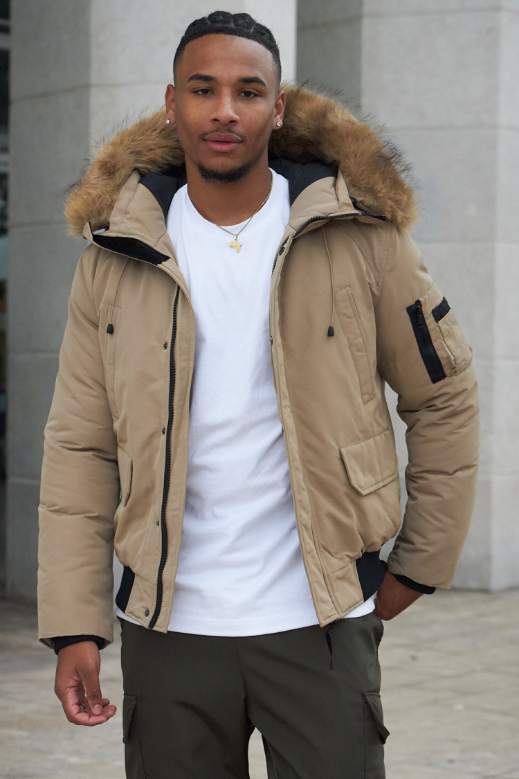 Parka bi-matière beige à capuche en fourrure