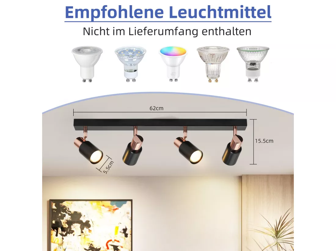 NETTLIFE Spot de plafond 4 ampoules lampe de cuisine GU10 355° plafonnier rotatif spot moderne