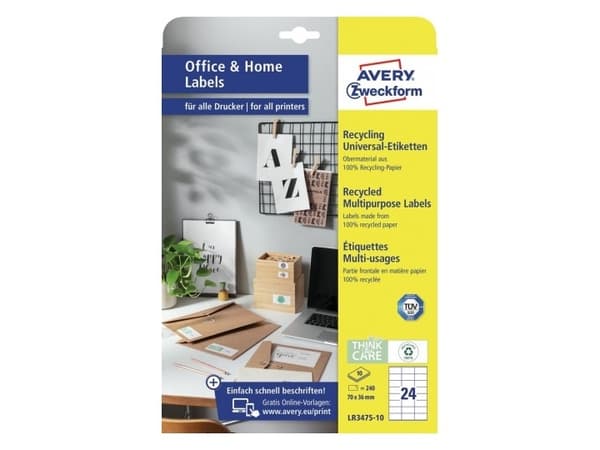 Avery LR3475-10, Hvit, Rektangel, Permanent, 70 x 36 mm, A4, Papir