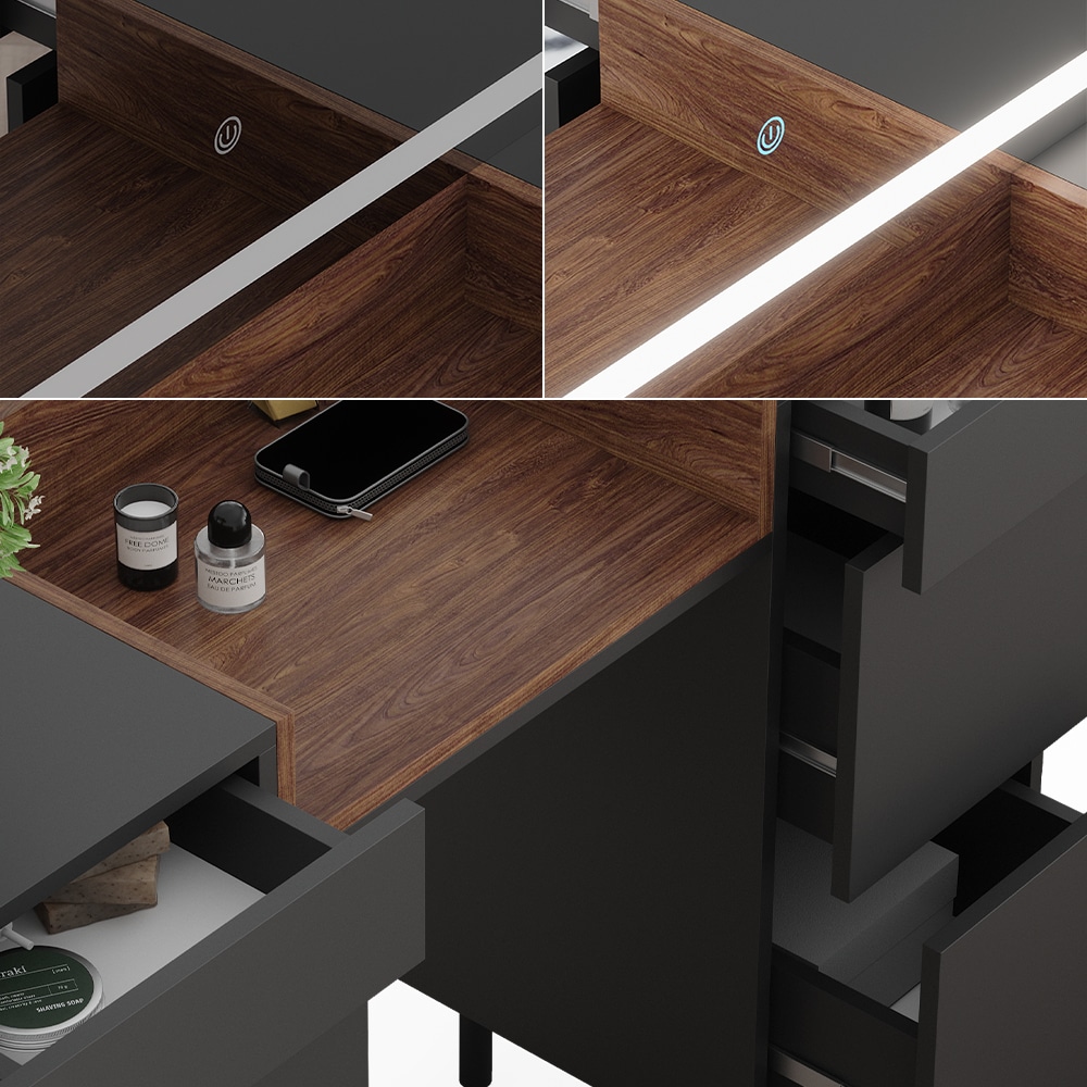Vicco Schminktisch Anika 120 x 80 cm mit LED-Spiegel, Anthrazit-Walnussbraun, Schlafzimmer