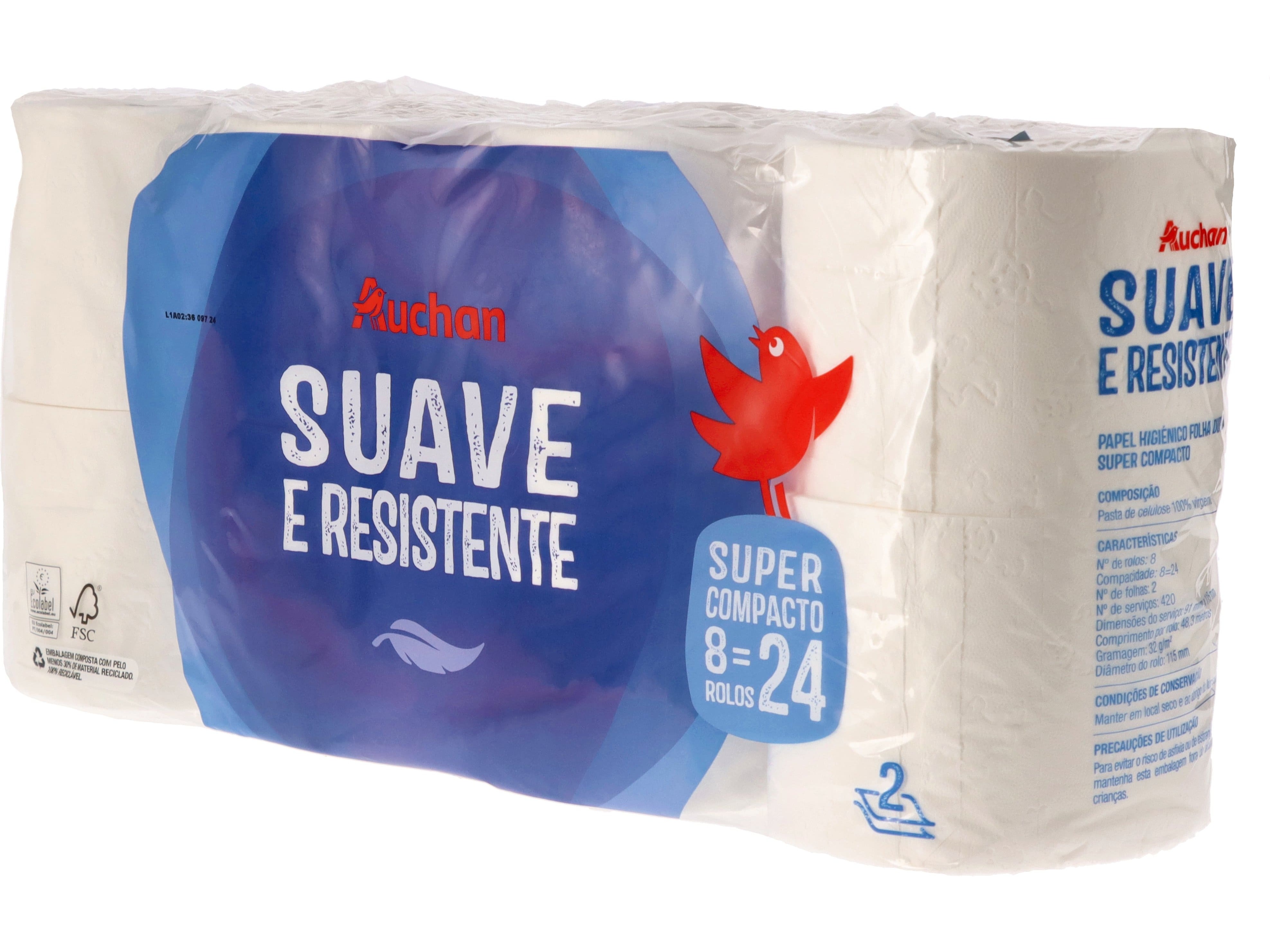 PAPEL HIGIÉNICO AUCHAN SUAVE E RESISTENTE FOLHA DUPLA SUPER COMPACTO 8 ROLOS = 24 ROLOS