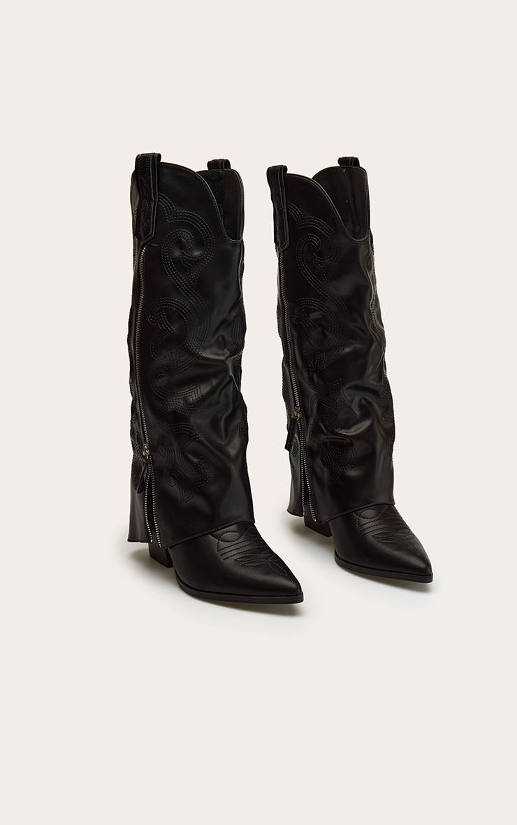 Noir Botte Haute À Talon En Synthétiquecuir Avec Fermeture Éclair Et Revers Rabattable