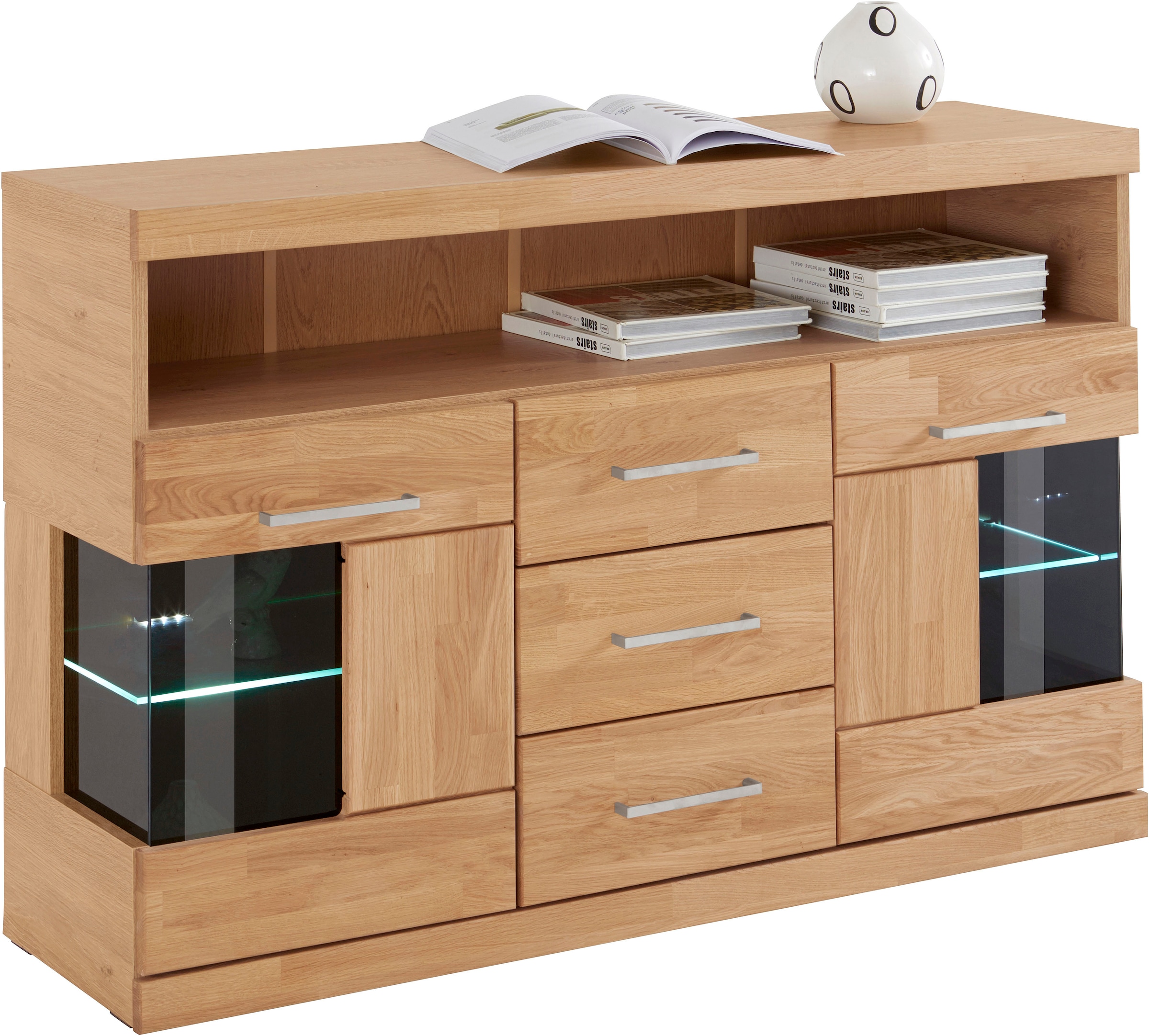 Home affaire Sideboard »Ribe,125cm breit, Fronten Massivholz,5 Fächer,Böden versetzbar« Korpus Holzwerkstoff,Türen mit Glaseinsatz,3 Schubladen,Metallgriffe