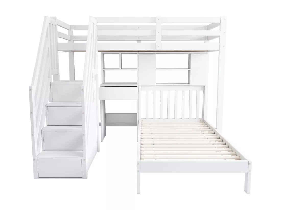Lit superposé en pin massif - 90x200cm - avec escalier de rangement、bureau、étagères et sommier à lattes - Blanc