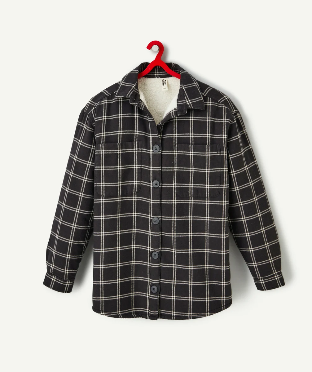 SURCHEMISE À CARREAUX FILLE DOUBLÉE SHERPA GRIS FONCÉ
