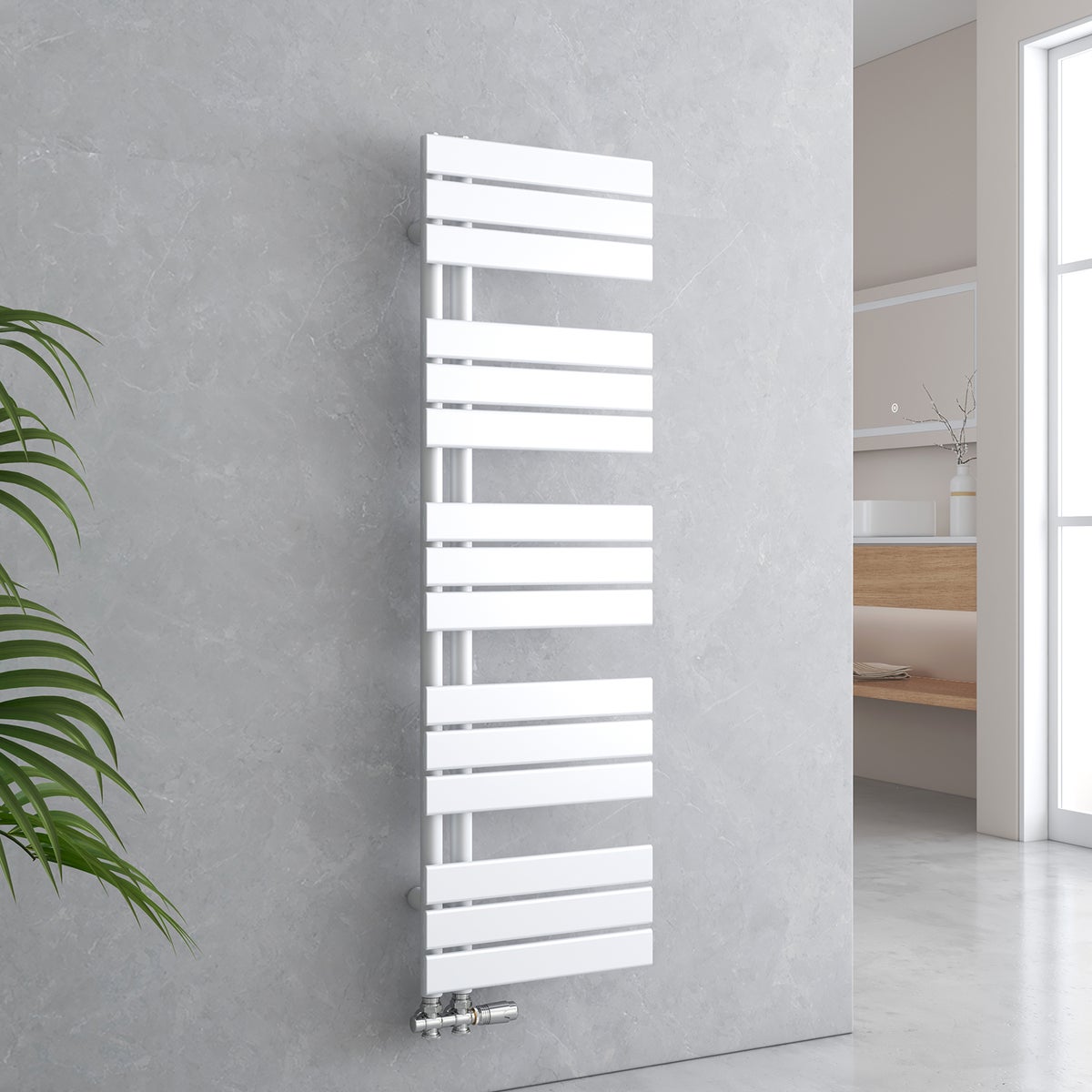 EMKE Flat Badkamerradiator 1320x400 mm Wit, Handdoekwarmer voor Badkamers, Handdoekdroger, Paneelhanddoekhouder met Zijwateraansluiting, 570W