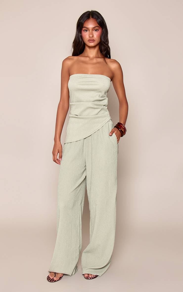 Vert Sauge Pantalon Large Texturé À Taille Élastiquée Ensemble Coordonné