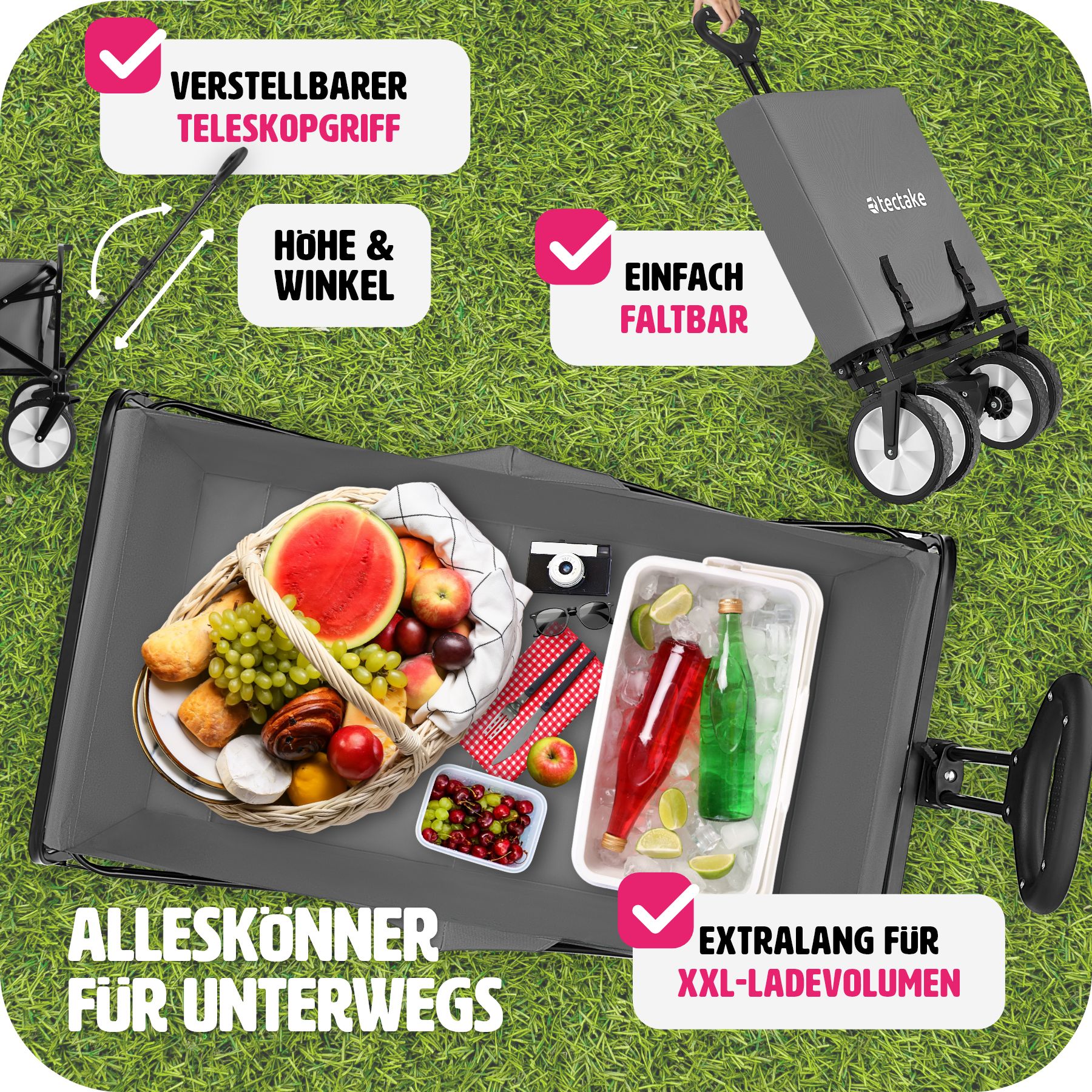 tectake® Bollerwagen, faltbar, abnehmbarer Stoffeinsatz mit 2 Netztaschen, inklusive Tragetasche, Belastbarkeit 80 kg