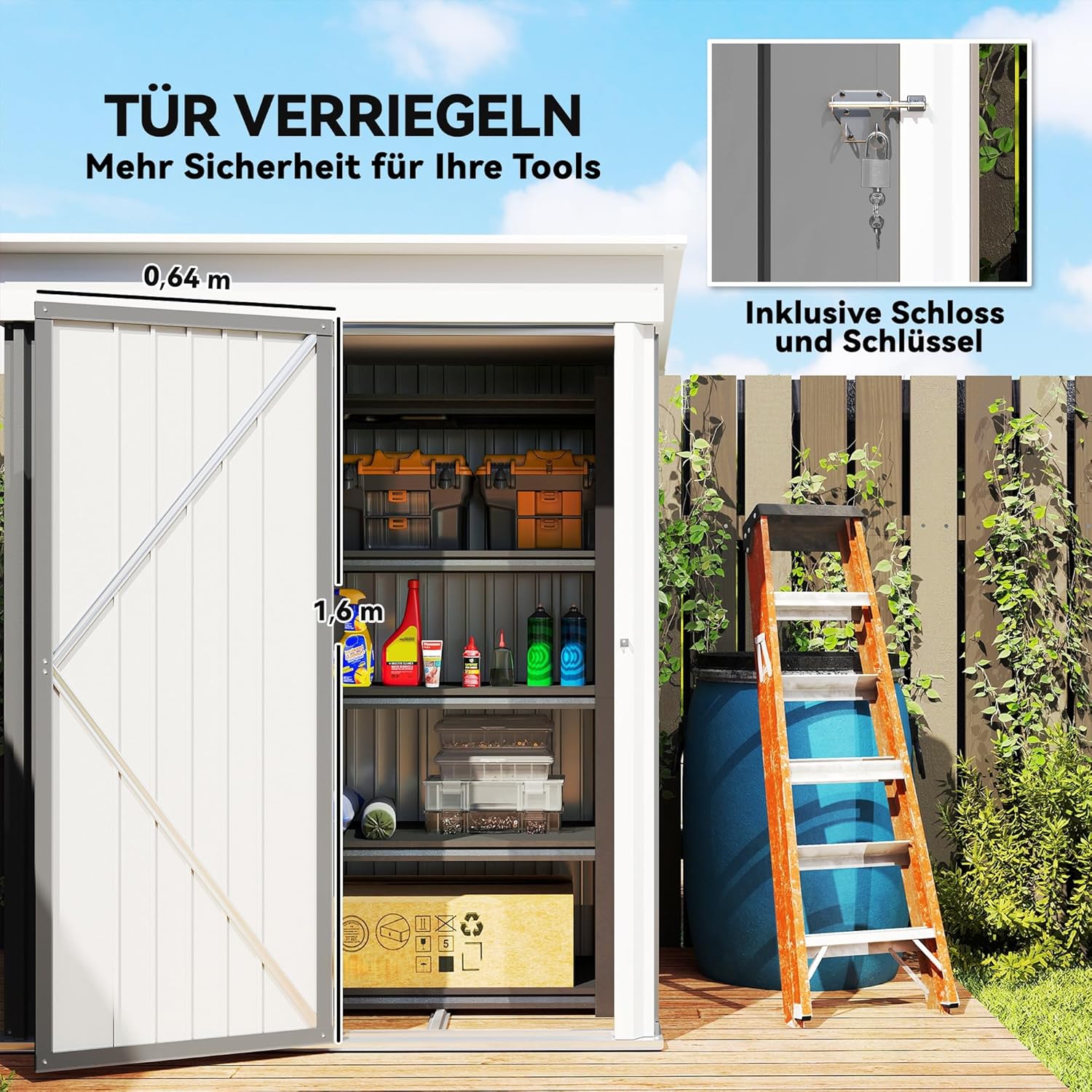 Outsunny Metall Gerätehaus 1,36m² 161 x 95 x 181cm Geräteschuppen mit Pultdach Fundament verstellbare Regale Abschließbarer Tür wetterfest Gartenhaus Outdoor Garten Schuppen für Außenbereich