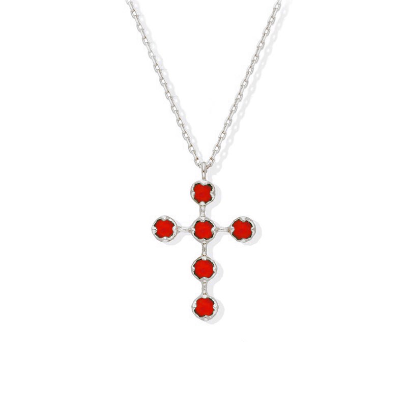 Collier Argent Rhodié Croix Antique Pierre Onyx Rouge