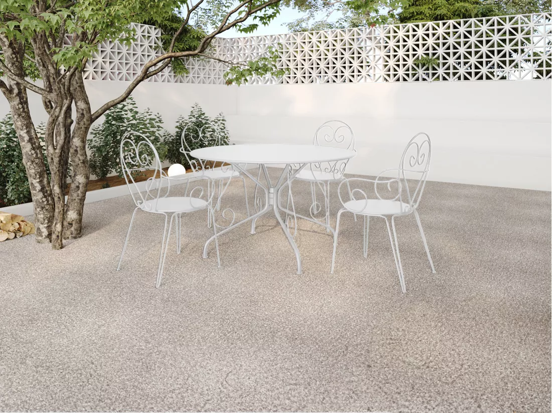Salle à manger de jardin en métal façon fer forgé : une table D.120cm et 4 fauteuils empilables - Blanc - GUERMANTES de MYLIA
