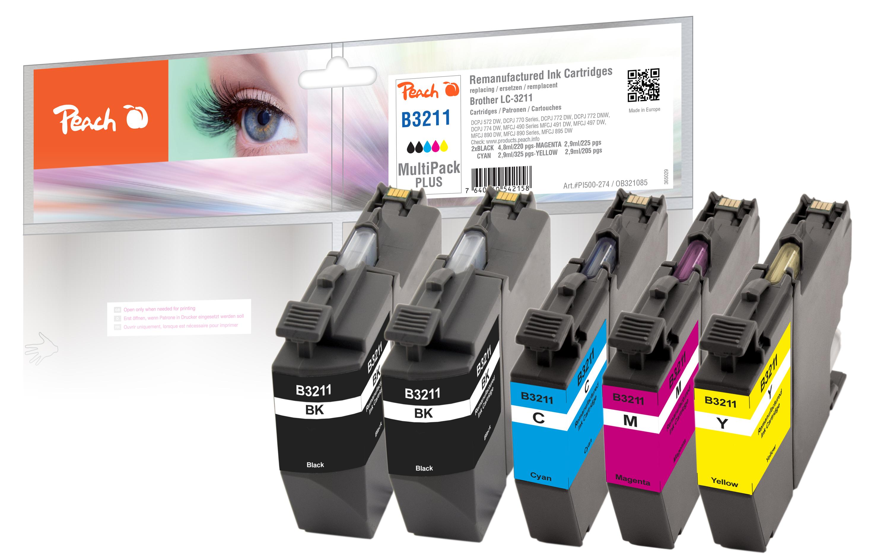Tinte Brother LC-3211, Multi-Pack-Plus C, M, Y, BKTinte, 2x Schwarz, Cyan, Magenta und Gelb