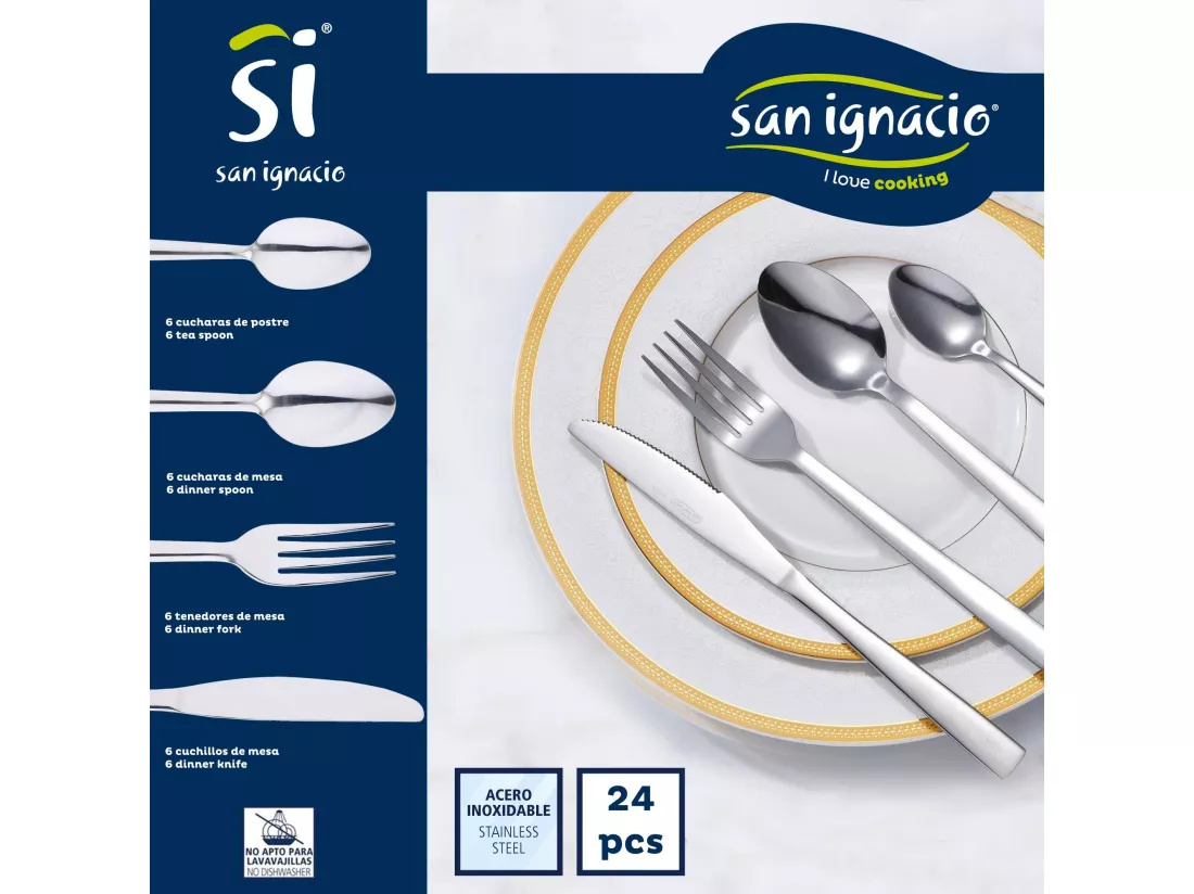 Coffret 3 poêles Ø16Ø20Ø24 aluminium embouti + Coffret 24 couverts inox chromé