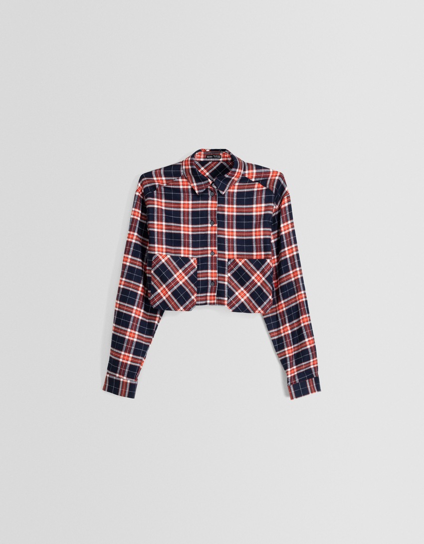 Camisa xadrez cropped de manga comprida