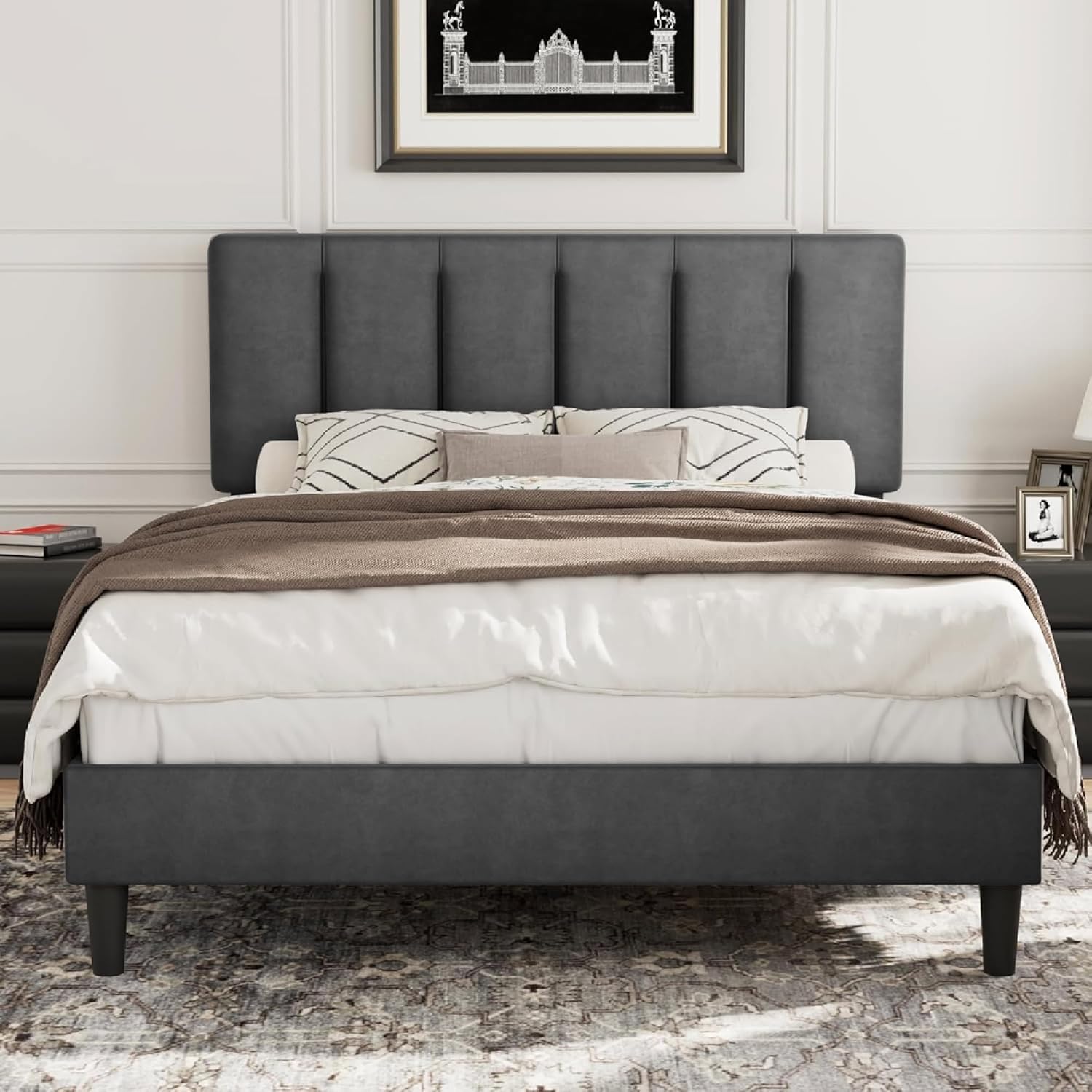 VECELO Polsterbett 140 x 200 cm Bettgestell Doppelbett mit Höhenverstellbarem Kopfteil, Lattenrost mit Samtbezug, Einfache Montage, Grau HT9306765