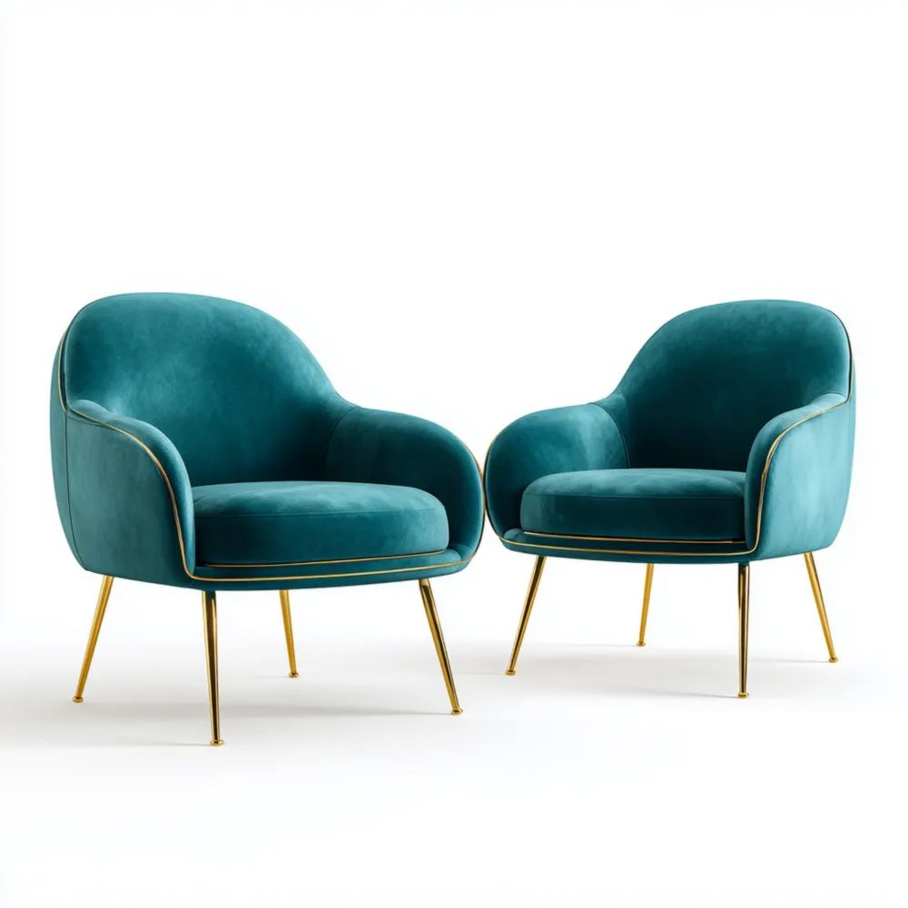 Modernes Samtsessel Set - 70x75x80 cm - Petrolblau - Goldene Beine