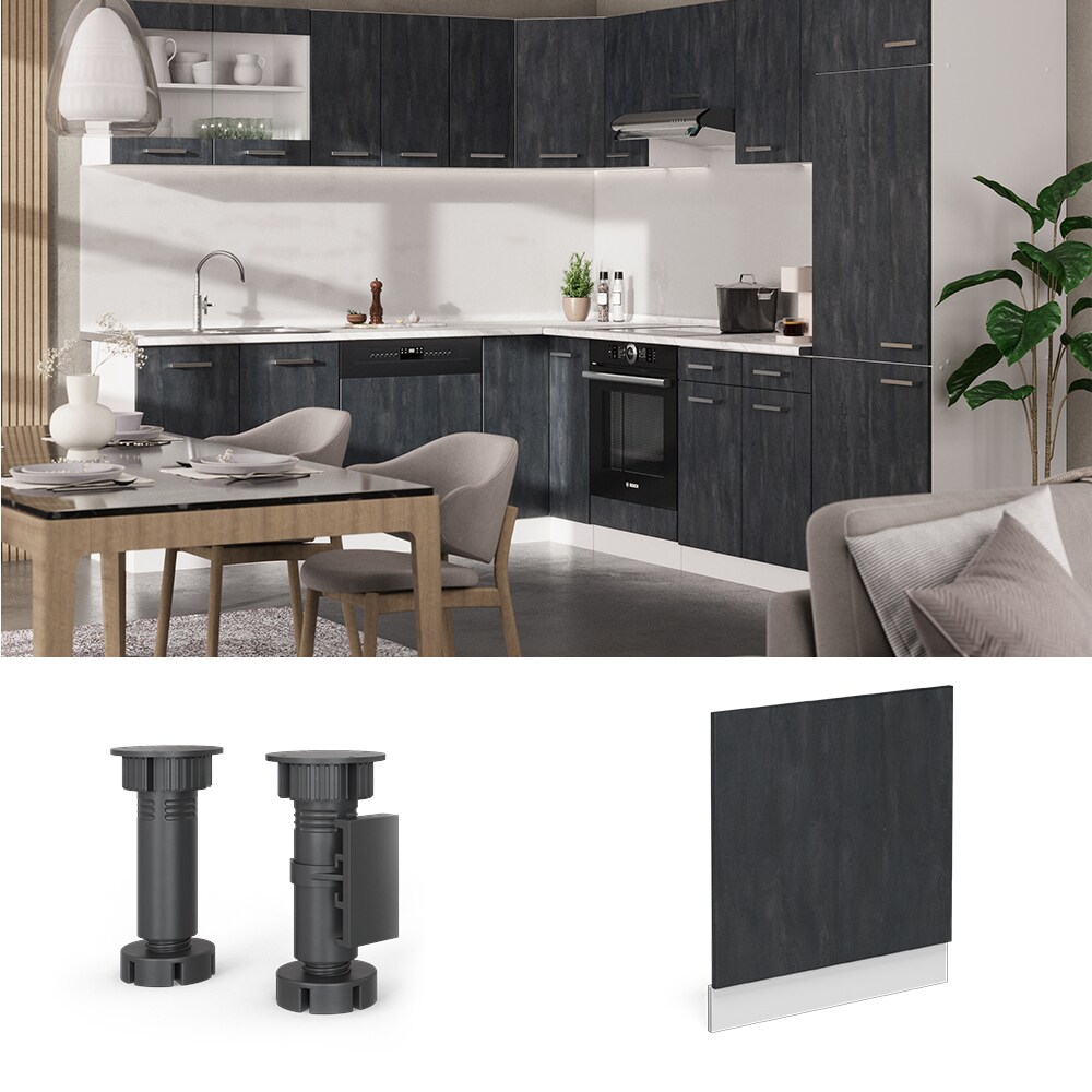 Vicco Geschirrspülerblende R-Line Schwarz Beton Weiß 60 cm mit Arbeitsplatte Weiß-Marmor