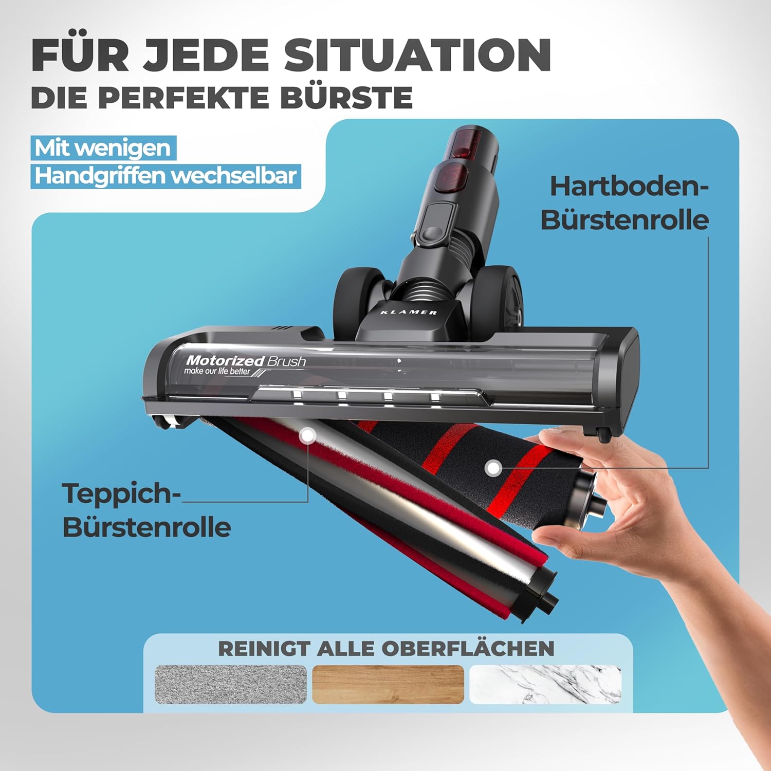 KLAMER Akku Staubsauger, 2-in-1 Staubsauger kabellos & Handstaubsauger, Akkulaufzeit bis 45 min, Akkustaubsauger mit HEPA Filter für Teppich, Auto & Hartböden