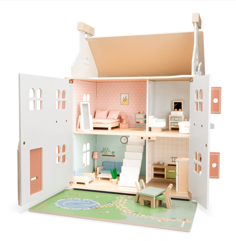 New Classic Toys Dukkehus i tre, inkl. 20 Dukkehusmøbler